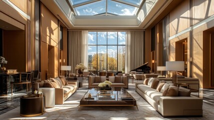 Elegant and Modern Living Room with Large Windows and Skylight