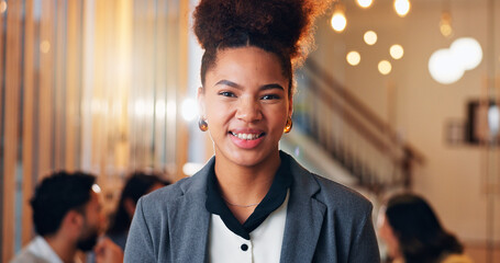 Pride, business and woman with portrait at hotel for event planning, corporate conference and...