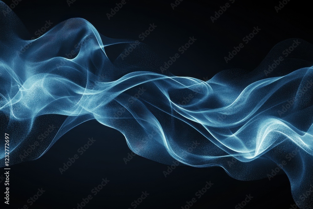 Poster shimmering blue dust particles creating a hazy wave effect on a dark background . motion