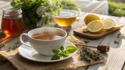 Cup of herbal tea with honey lemon and mint on rustic wooden surface in soft sunlight