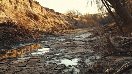 Dried Up Riverbed with Cracked Soil and Dying Vegetation