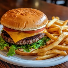 juicy cheeseburger and french fries on a plate
