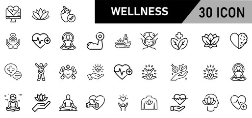 Minimalist Wellness Icon Pack | 30 Outline Vector Icons, Editable stroke. 