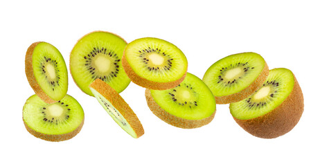 Kiwi isolated on white background. Whole fruit and slices pieces of kiwi on white background. fresh...