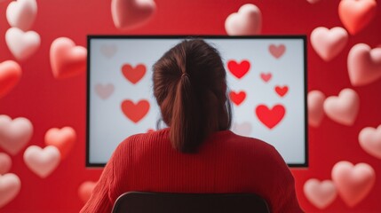 Woman watching heart-themed screen: love and romance in the digital age