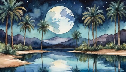 Moonlit tropical landscape with palm trees reflecting in water under a serene night sky, symbolizing natural beauty, peace, and tranquility.
