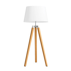 Minimalist Wooden Tripod Floor Lamp with White Shade on Transparent or White Background