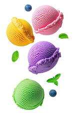 Colorful ice cream balls on white or transparent background