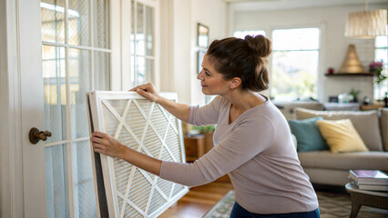 Woman replacing air filter in home ventilation system for better indoor air quality