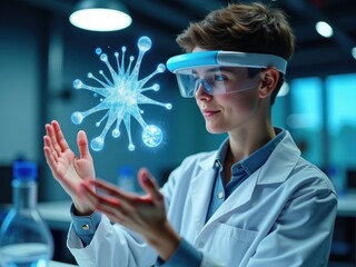 Young scientist explores molecular structures with futuristic augmented reality technology in a modern laboratory setting