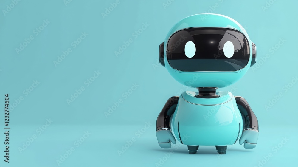 Poster seo global keywords. cute turquoise robot with a friendly expression on a solid background.