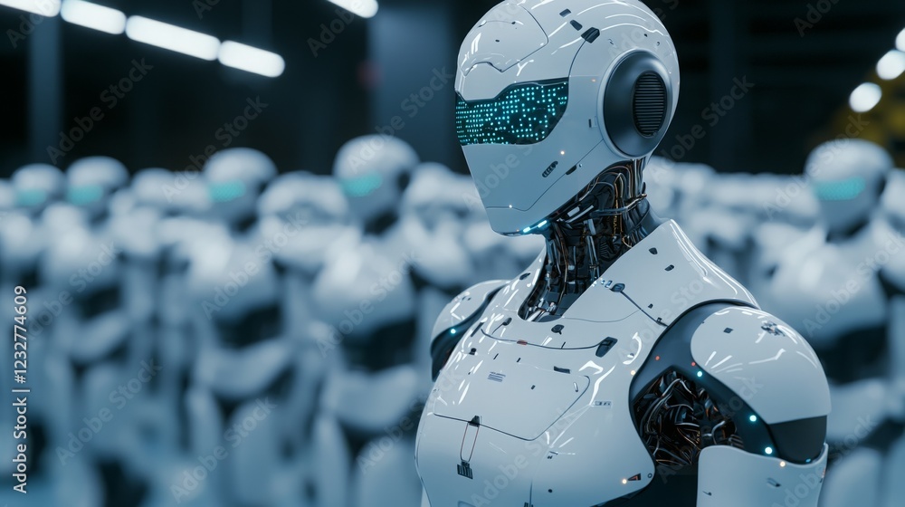 Poster seo global keywords. futuristic robots lined up in a high-tech environment.