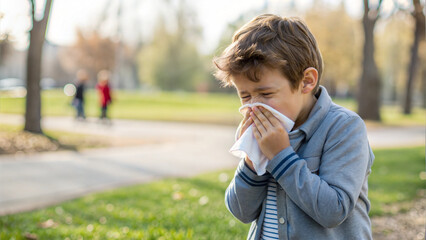 Little boy wiping nose with a tissue while suffering from pollen allergy in spring park