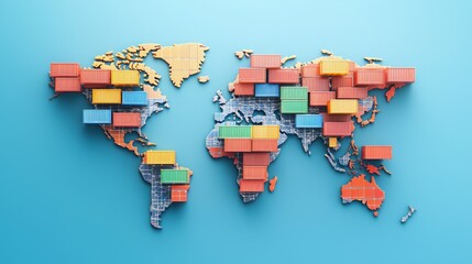 SEO global keywords. Colorful shipping containers on a world map against a blue background.
