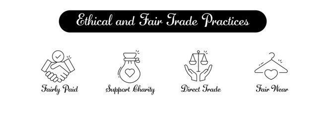 Ethical and Fair Trade Practices. Direct Trade, Fairly Paid, Support Charity, Fair Wear