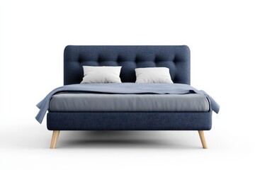 modern blue upholstered bed with two pillows and light blanket isolated on white background