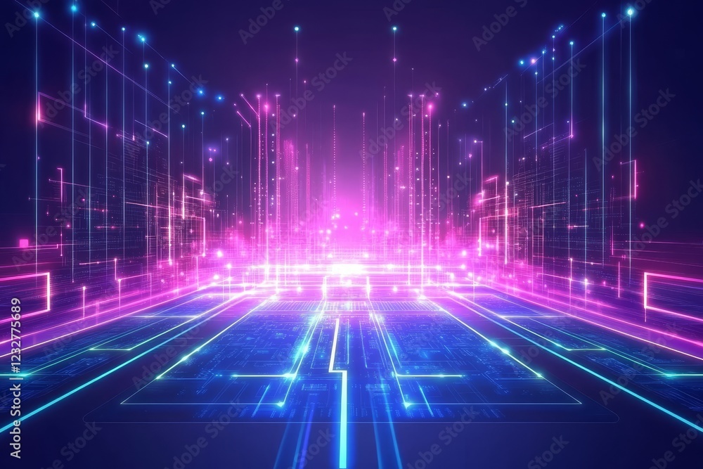 Poster abstract neon digital space with vibrant light rays and patterns