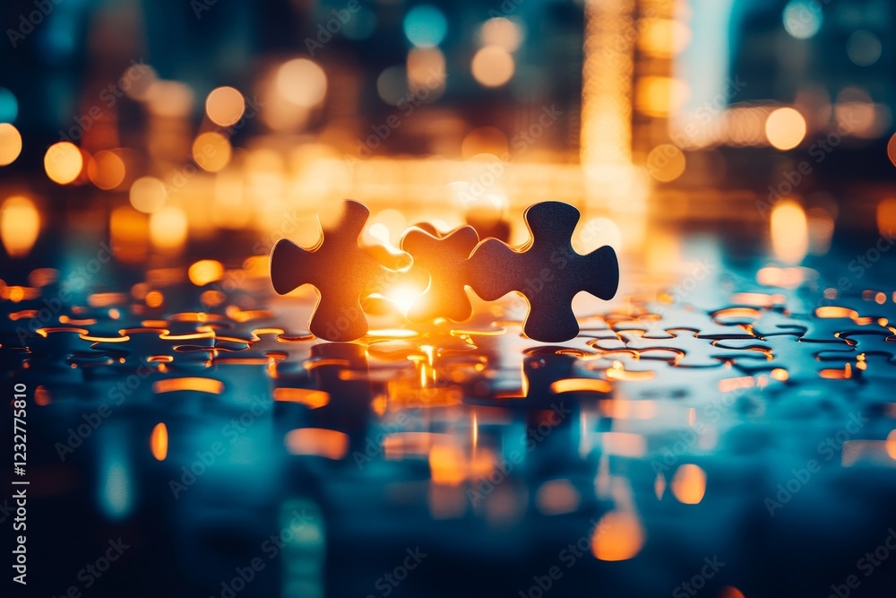 Poster abstract puzzle pieces on shiny surface with blurred background
