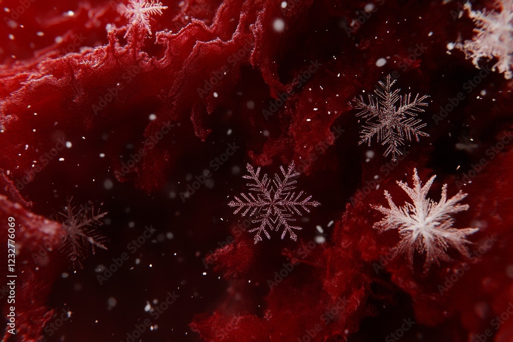 Poster abstract red background with delicate snowflakes and sparkling effect