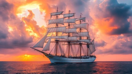 Fototapeta premium Majestic sailing ship at sunset.