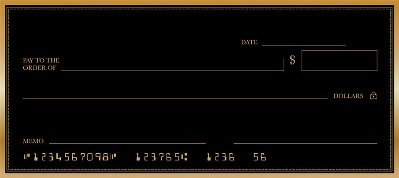 Black Bank check. Blank gold money cheque. US dollar check background. Currency payment coupon. Checkbook template with pattern and empty fields.