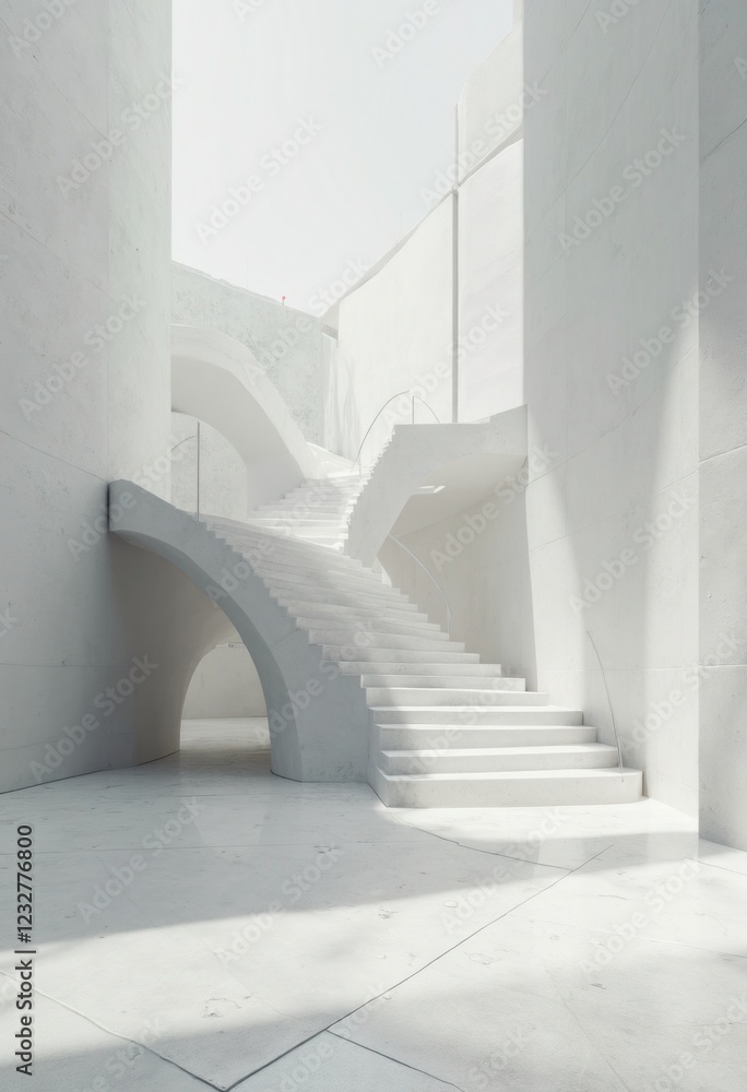 Poster Minimalist White Staircase with Simple Shapes and Clean Lines