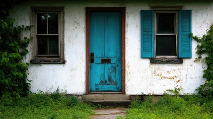 Abandoned cottage, turquoise door, overgrown plants, rural setting, rustic charm
