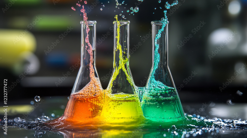 Poster colorful chemistry experiment with three flasks bubbling in a laboratory setting during the day