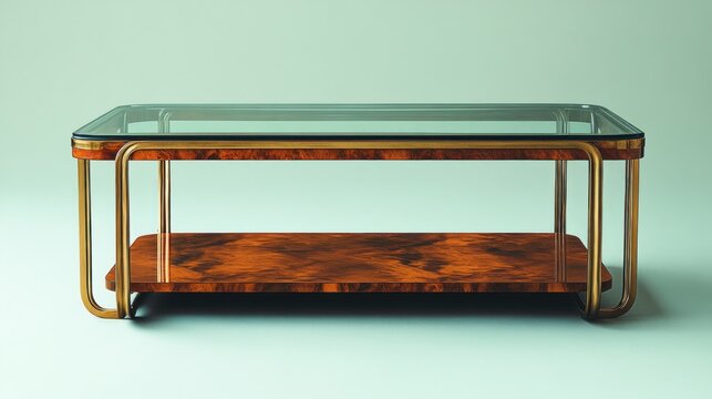 Elegant glass coffee table with wooden and brass accents.
