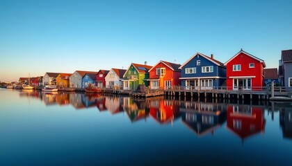 Fototapeta premium Colorful waterfront houses, vibrant reflections, calm lake, sunset glow, Scandinavian architecture, tranquil scene, idyllic Groningen setting (