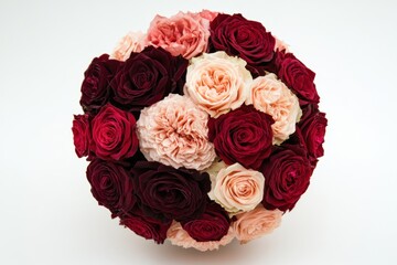 A round bouquet of dark red and light pink roses