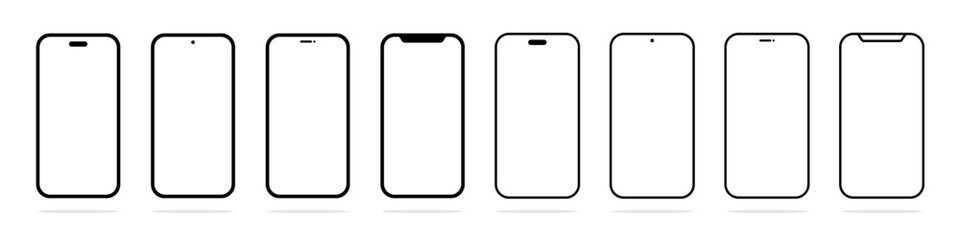 Smartphone mockup with blank white screen. Mobile phone mockup front view. Smartphone screen vector illustration. Flat black device screen icons. Smartphone screen icon set