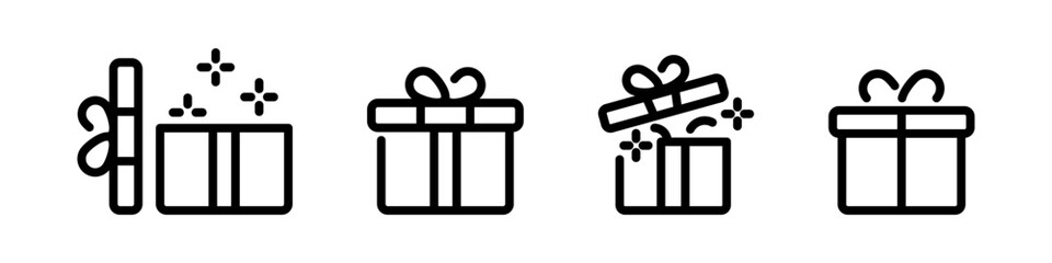 Gift box vector icons. Present gift box icons. Vector isolated gift box elements. Christmas gift icon vector symbol. Surprise present linear design.