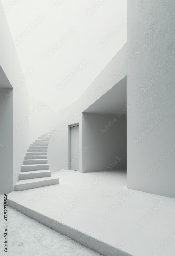 Poster a minimalist white building with a staircase and no shadows