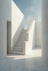 Fototapeta premium Minimalist White Building with Empty Room and Staircase