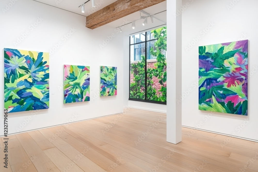 Poster bright and colorful abstract art displayed in modern gallery space