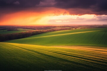 Obraz premium Breathtaking Sunset Over Rolling Green Hills and Dramatic Sky