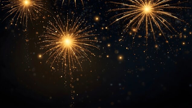 Digital illustration of fireworks display with golden sparks against dark blue night sky, festive mood for celebration

