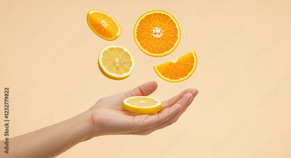 Poster citrus slices falling over hand. orange and lemon citrus slices are floating above the palm