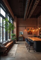 Fototapeta premium Cozy Industrial Loft Living Room with Brick Wall and Wood Floor