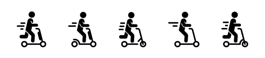 Man riding electric scooter. Electric scooter icon set. E-scooter icons. Man riding electric scooter silhouette. Electric kickscooter vector illustration. electric scooter vector icons