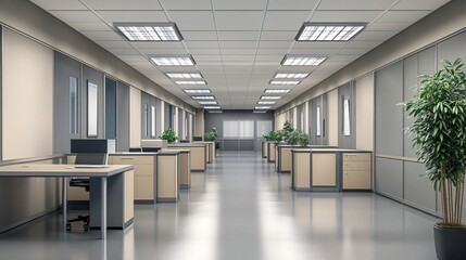 Modern Office Corridor With Desks And Plants