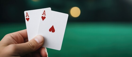a hand holding pocket aces over a green poker table