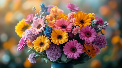 Colorful spring flower bouquet, vibrant blooms, studio shot, bokeh background, greeting card