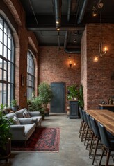 Fototapeta premium Industrial Style Living Room with Brick Wall and Large Windows