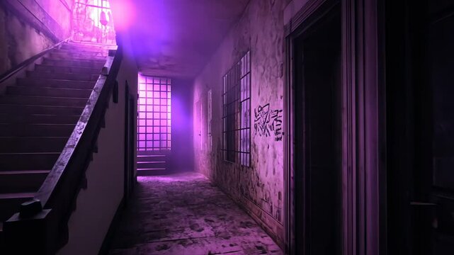 Eerie Purple Hallway in Abandoned Building