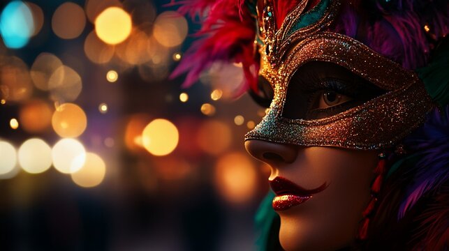 Mysterious Venetian Mask in Night Lights