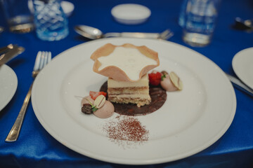 A multi-layered Tiramisu cake is served with additional cream or ice cream on top.