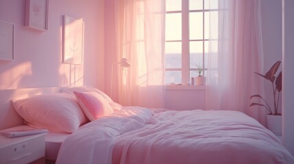 Obraz premium Cozy Bedroom with Soft Lighting and Delicate Pink Decor