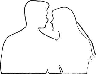 A guy and a girl look at each other. Outline drawing outline. This silhouette style illustration conveys themes of love, companionship, romance and emotional connection, making it perfect for wedding 